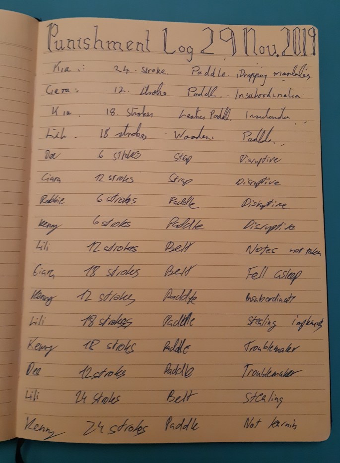 Punishment Log 29 Nov 2019